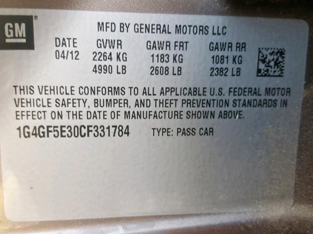 1G4GF5E30CF331784 - 2012 BUICK LACROSSE P BROWN photo 10