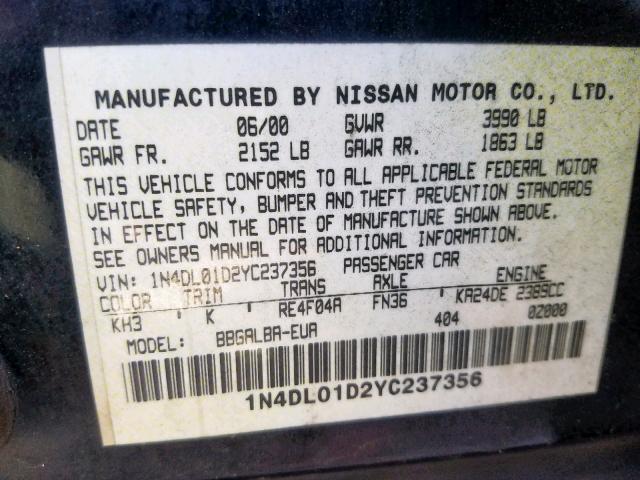 1N4DL01D2YC237356 - 2000 NISSAN ALTIMA XE BLACK photo 10