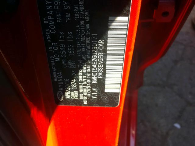 KMHCT5AE2GU290171 - 2016 HYUNDAI ACCENT SE RED photo 10