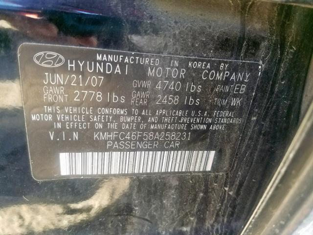 KMHFC46F58A258231 - 2008 HYUNDAI AZERA SE BLACK photo 10