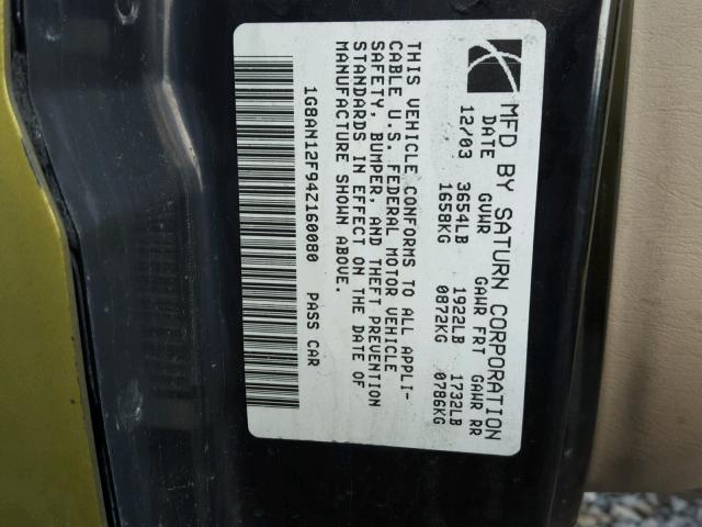 1G8AN12F94Z160080 - 2004 SATURN ION LEVEL GREEN photo 10
