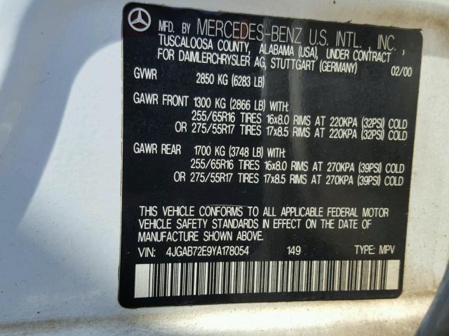 4JGAB72E9YA178054 - 2000 MERCEDES-BENZ ML 430 WHITE photo 10