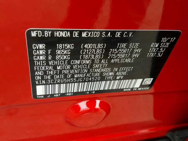 3CZRU5H55JG704520 - 2018 HONDA HR-V EX RED photo 10