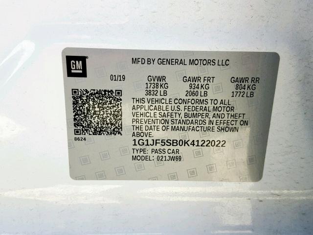 1G1JF5SB0K4122022 - 2019 CHEVROLET SONIC PREM WHITE photo 10