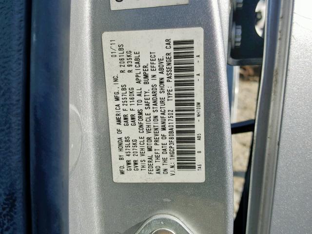 1HGCP3F80BA017502 - 2011 HONDA ACCORD EXL SILVER photo 10