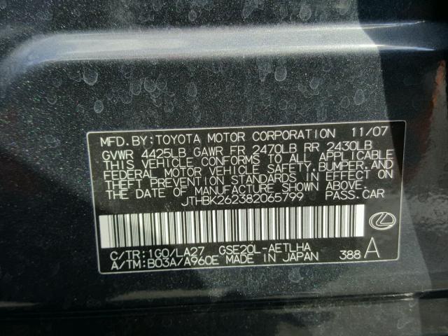 JTHBK262382065799 - 2008 LEXUS IS 250 BLACK photo 10