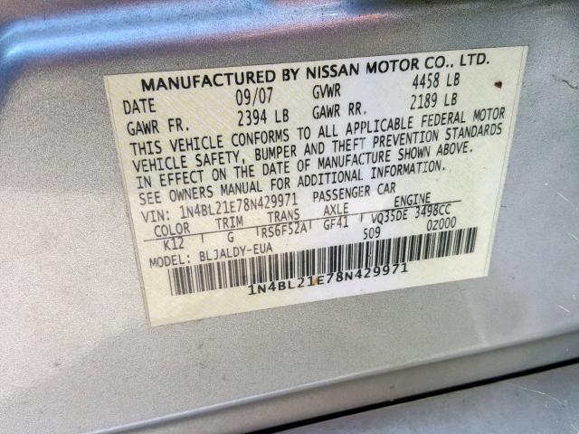 1N4BL21E78N429971 - 2008 NISSAN ALTIMA 3.5 SILVER photo 10