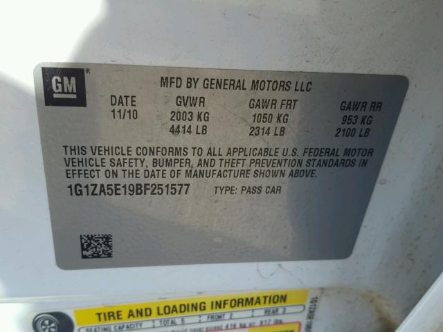 1G1ZA5E19BF251577 - 2011 CHEVROLET MALIBU LS თეთრი ფოტო 10