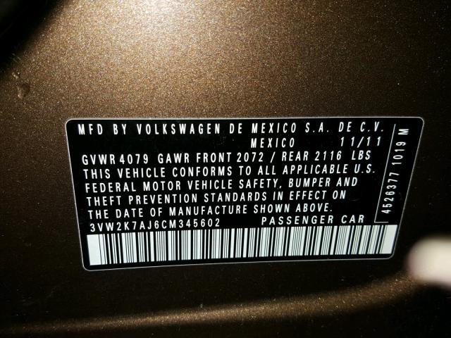 3VW2K7AJ6CM345602 - 2012 VOLKSWAGEN JETTA BASE Շագանակագույն լուսանկար 10