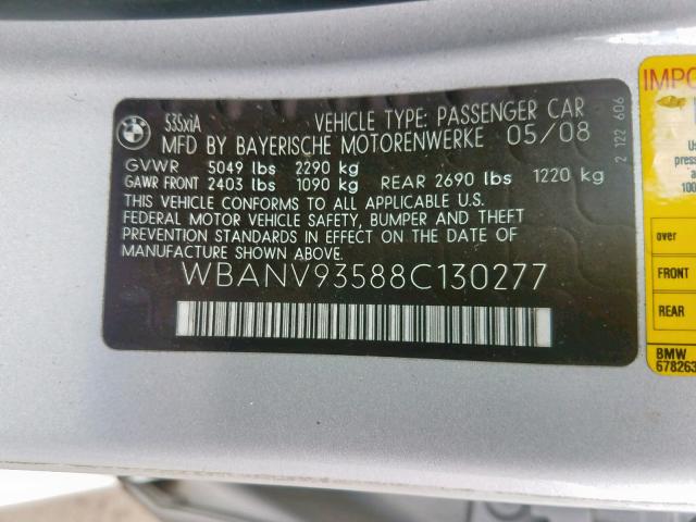 WBANV93588C130277 - 2008 BMW 535 XI SILVER photo 10