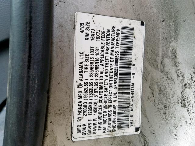 5FNRL38225B088595 - 2005 HONDA ODYSSEY LX SILVER photo 10