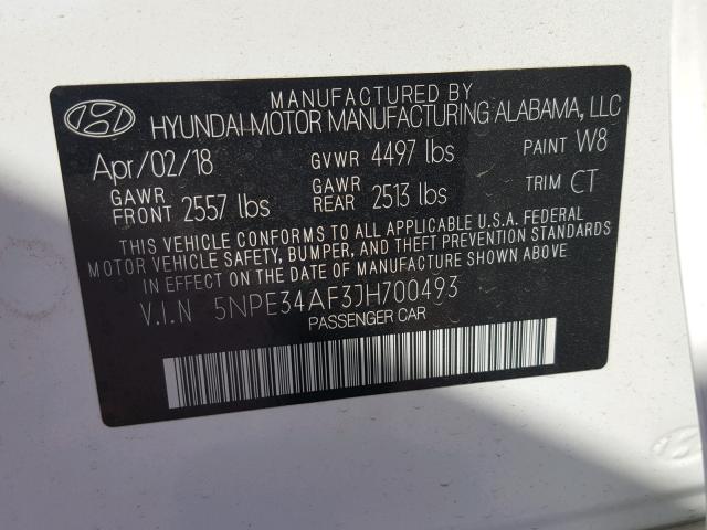 5NPE34AF3JH700493 - 2018 HYUNDAI SONATA SPO WHITE photo 10