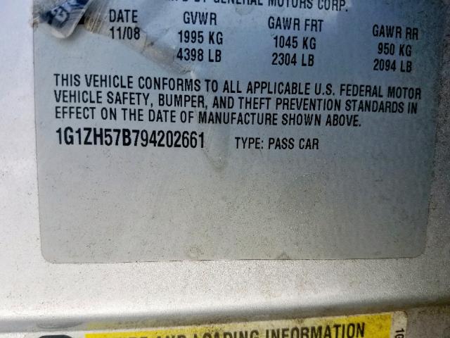 1G1ZH57B794202661 - 2009 CHEVROLET MALIBU 1LT 银色 照片 10