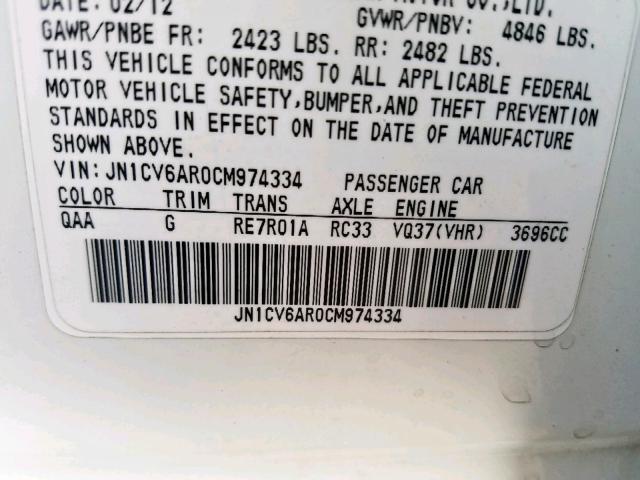 JN1CV6AR0CM974334 - 2012 INFINITI G37 WHITE photo 10