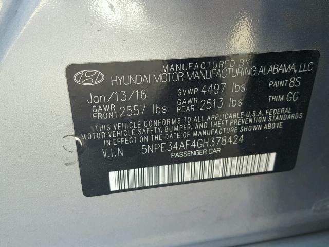 5NPE34AF4GH378424 - 2016 HYUNDAI SONATA SPO GRAY photo 10