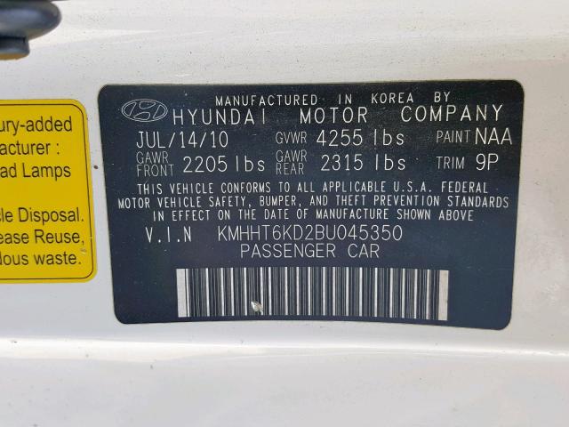 KMHHT6KD2BU045350 - 2011 HYUNDAI GENESIS CO WHITE photo 10