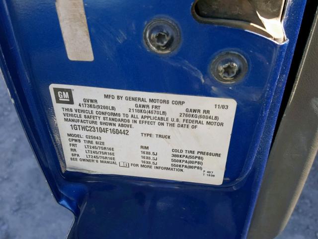 1GTHC23104F160442 - 2004 GMC SIERRA C25 BLUE photo 10