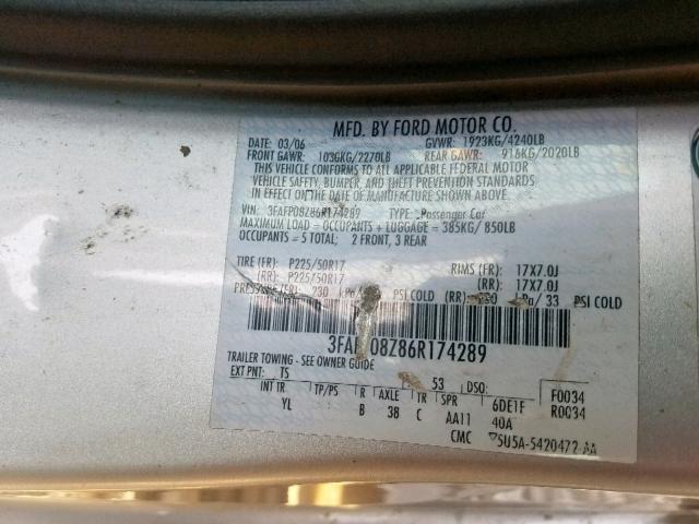 3FAFP08Z86R174289 - 2006 FORD FUSION SEL GRAY photo 10