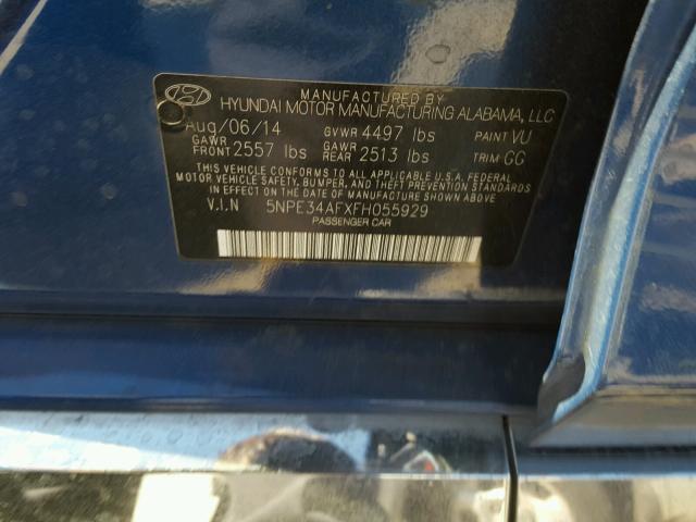 5NPE34AFXFH055929 - 2015 HYUNDAI SONATA SPO BLUE photo 10