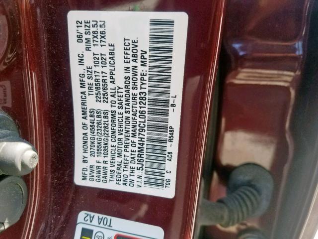 5J6RM4H79CL061283 - 2012 HONDA CR-V EXL MAROON photo 10