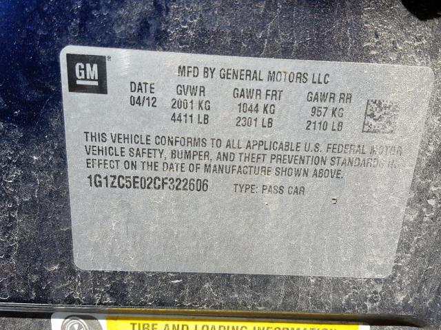 1G1ZC5E02CF322606 - 2012 CHEVROLET MALIBU 1LT BLUE photo 10