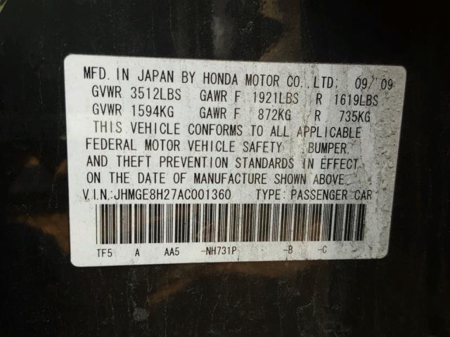 JHMGE8H27AC001360 - 2010 HONDA FIT BLACK photo 10