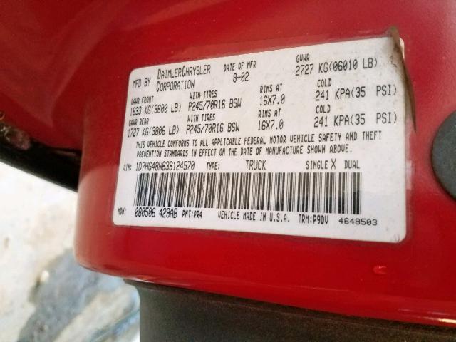 1D7HG48N63S124570 - 2003 DODGE DAKOTA QUA RED photo 10