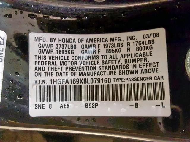 1HGFA169X8L079160 - 2008 HONDA CIVIC EXL 黑色 照片 10
