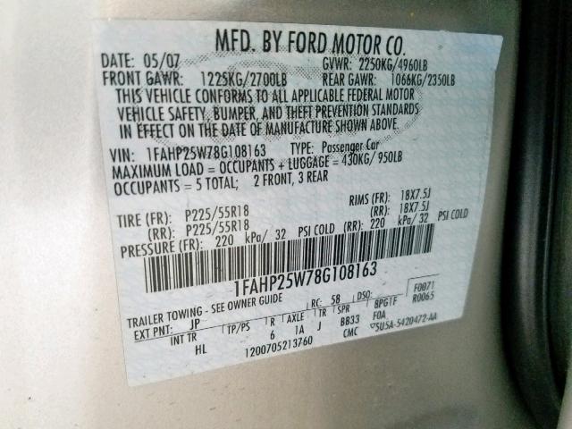 1FAHP25W78G108163 - 2008 FORD TAURUS LIM SILVER photo 10