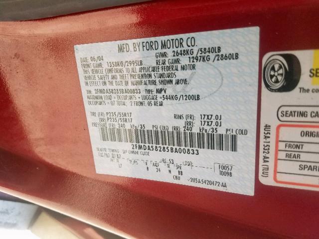 2FMDA58285BA00833 - 2005 FORD FREESTAR L BURGUNDY photo 10