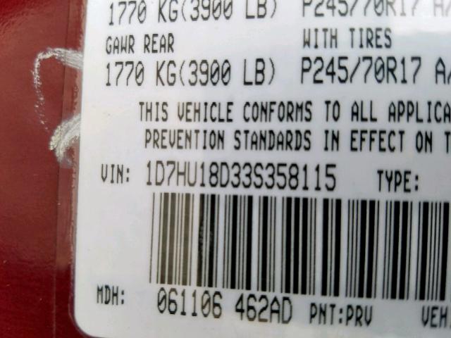 1D7HU18D33S358115 - 2003 DODGE RAM 1500 S BURGUNDY photo 10