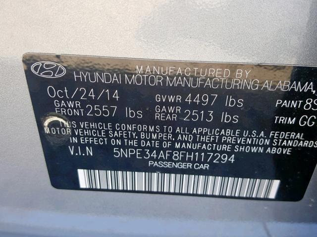 5NPE34AF8FH117294 - 2015 HYUNDAI SONATA SPO SILVER photo 10