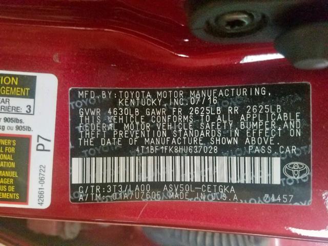 4T1BF1FK8HU637028 - 2017 TOYOTA CAMRY LE RED photo 10