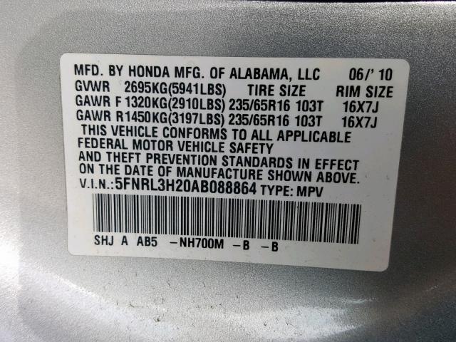 5FNRL3H20AB088864 - 2010 HONDA ODYSSEY LX SILVER photo 10