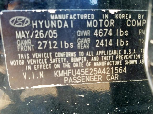 KMHFU45E25A421564 - 2005 HYUNDAI XG 350 BLACK photo 10