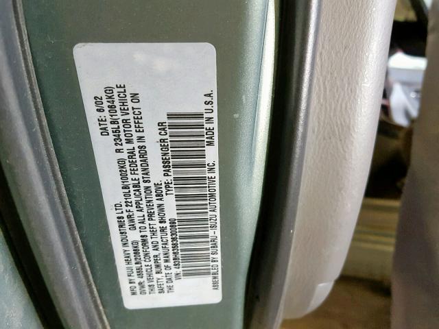 4S3BH635836300690 - 2003 SUBARU LEGACY L GREEN photo 10