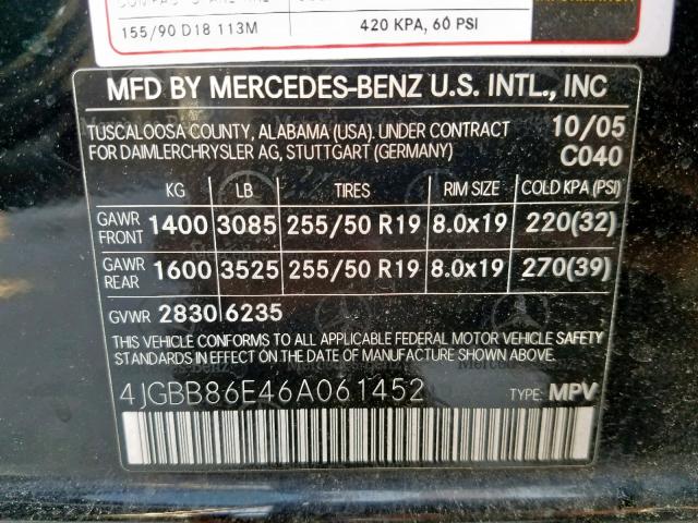 4JGBB86E46A061452 - 2006 MERCEDES-BENZ ML 350 BLACK photo 10