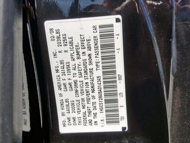 1HGCS12848A014345 - 2008 HONDA ACCORD EXL BLACK photo 10