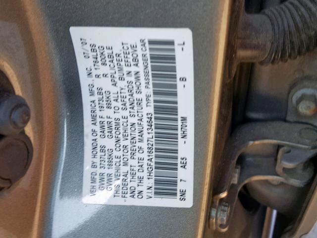 1HGFA16827L134643 - 2007 HONDA CIVIC EX GRAY photo 10