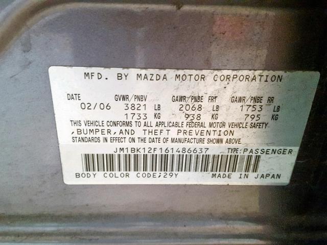 JM1BK12F161486637 - 2006 MAZDA MAZDA3 GRAY photo 10