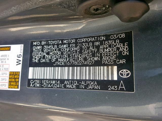 JTKDE167780274927 - 2008 TOYOTA SCION TC ნაცრისფერი ფოტო 10
