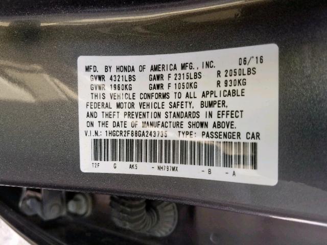 1HGCR2F88GA243735 - 2016 HONDA ACCORD EXL GRAY photo 10