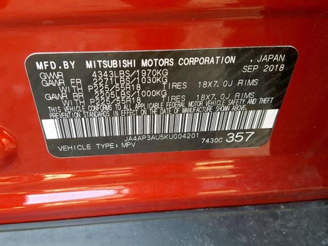 JA4AP3AU5KU004201 - 2019 MITSUBISHI OUTLANDER RED photo 10