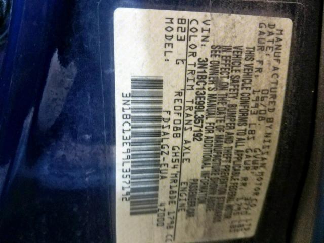 3N1BC13E99L357192 - 2009 NISSAN VERSA S BLUE photo 10