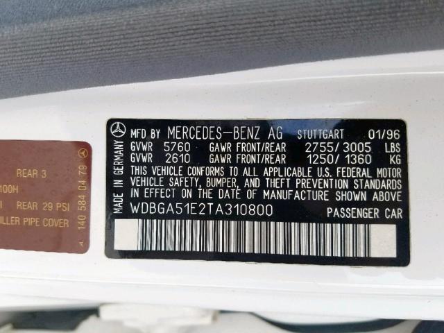 WDBGA51E2TA310800 - 1996 MERCEDES-BENZ S 500 WHITE photo 10