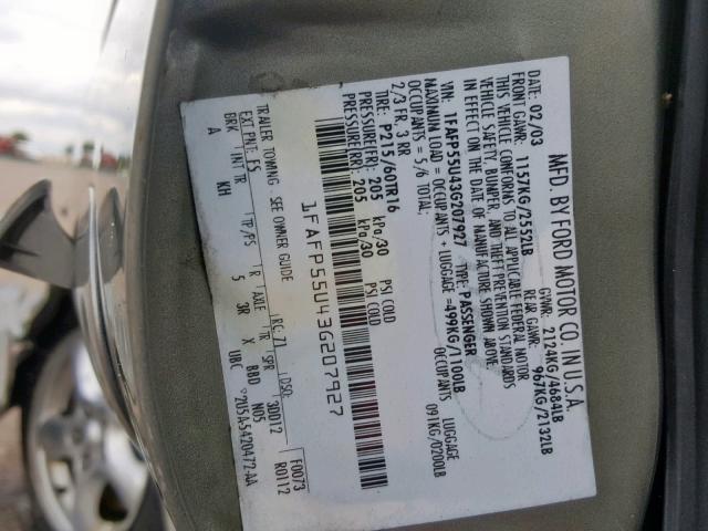 1FAFP55U43G207927 - 2003 FORD TAURUS SES GRAY photo 10