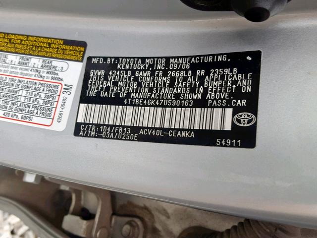 4T1BE46K47U590163 - 2007 TOYOTA CAMRY NEW SILVER photo 10