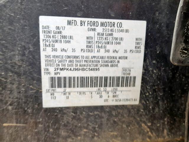 2FMPK4J96HBC54895 - 2017 FORD EDGE SEL GRAY photo 10