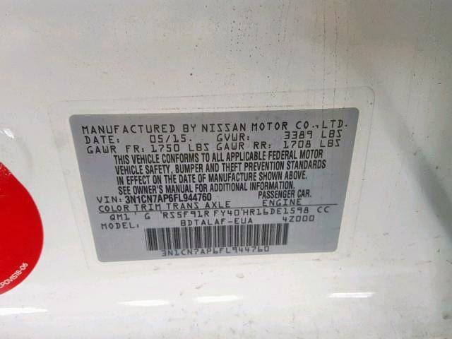 3N1CN7AP6FL944760 - 2015 NISSAN VERSA S WHITE photo 10