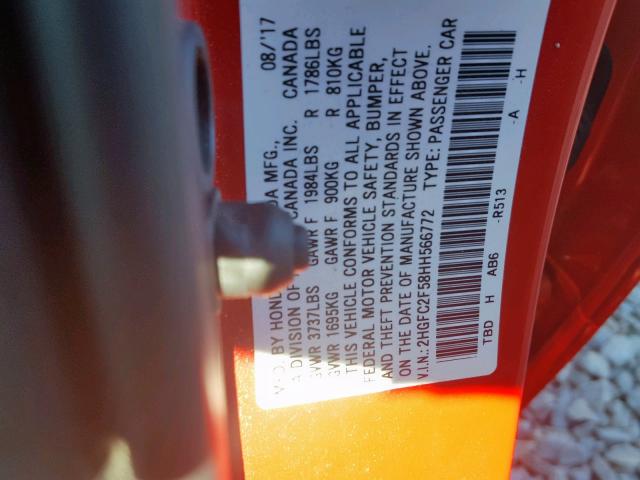 2HGFC2F58HH566772 - 2017 HONDA CIVIC LX RED photo 10